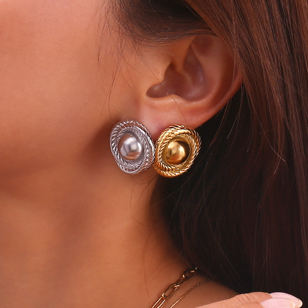 Orecchini a perno geometrici vintage alla moda in acciaio inossidabile con placcatura in oro 18 carati e design a bottone circolare testurizzato