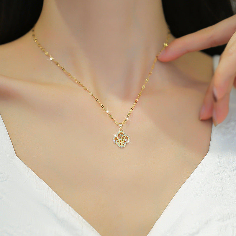 Collana Girocollo Lusso Esotico Fiore Geometrico Strass in Acciaio al Titanio