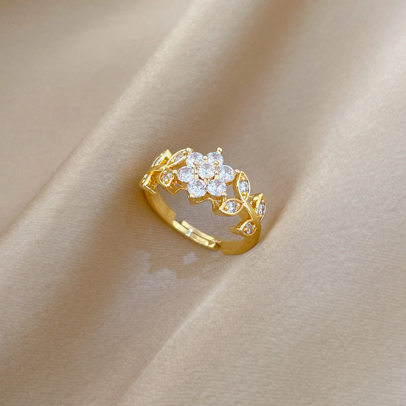 Sweet Minimalist Gold Plated Floral Rhinestone Adjustable Ring for Women and Couples