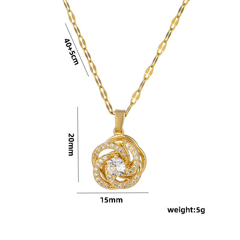 Light Luxury Geometric Camellia Pendant Necklace for Women with Rotating Zirconia Accents in Titanium Steel with Water Wave Chain
