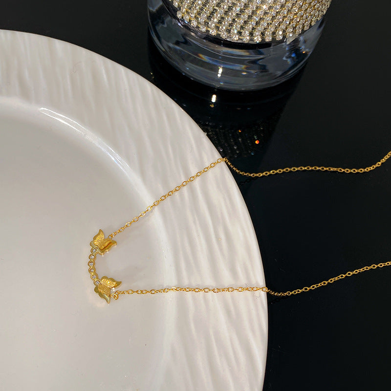 Sweet Streetwear Geometric Double Butterfly Titanium Steel Plated Necklace with Tassel for Unisex