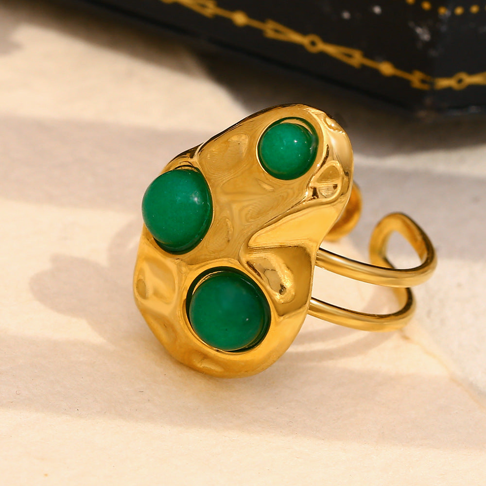 Anello da donna in acciaio inossidabile placcato oro 18K con motivo geometrico a fiore, stile vintage e texture martellata