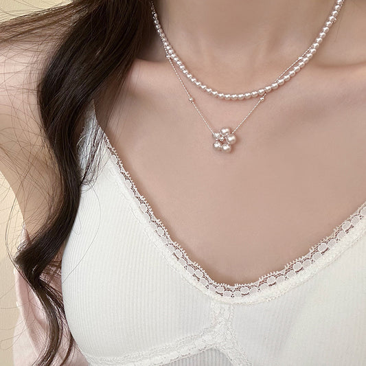 Elegant French-Style Pearl Necklace with Round Beaded Floral Design, Gold-Plated Clavicle Chain, Vintage Minimalist Women's Jewelry for Daily Wear