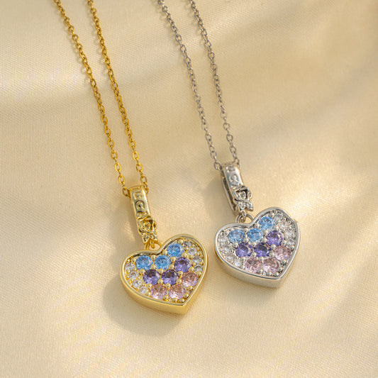 Collana con Pendente a Cuore alla Moda in Acciaio al Titanio con Intarsi di Strass da Donna, Collana con Catenina a O