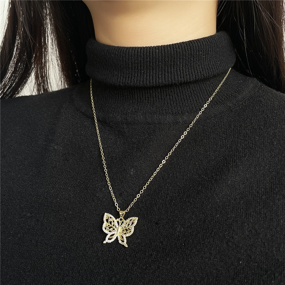 Casual Geometric Butterfly Brass Cubic Zirconia Pendant Necklace Cable Chain