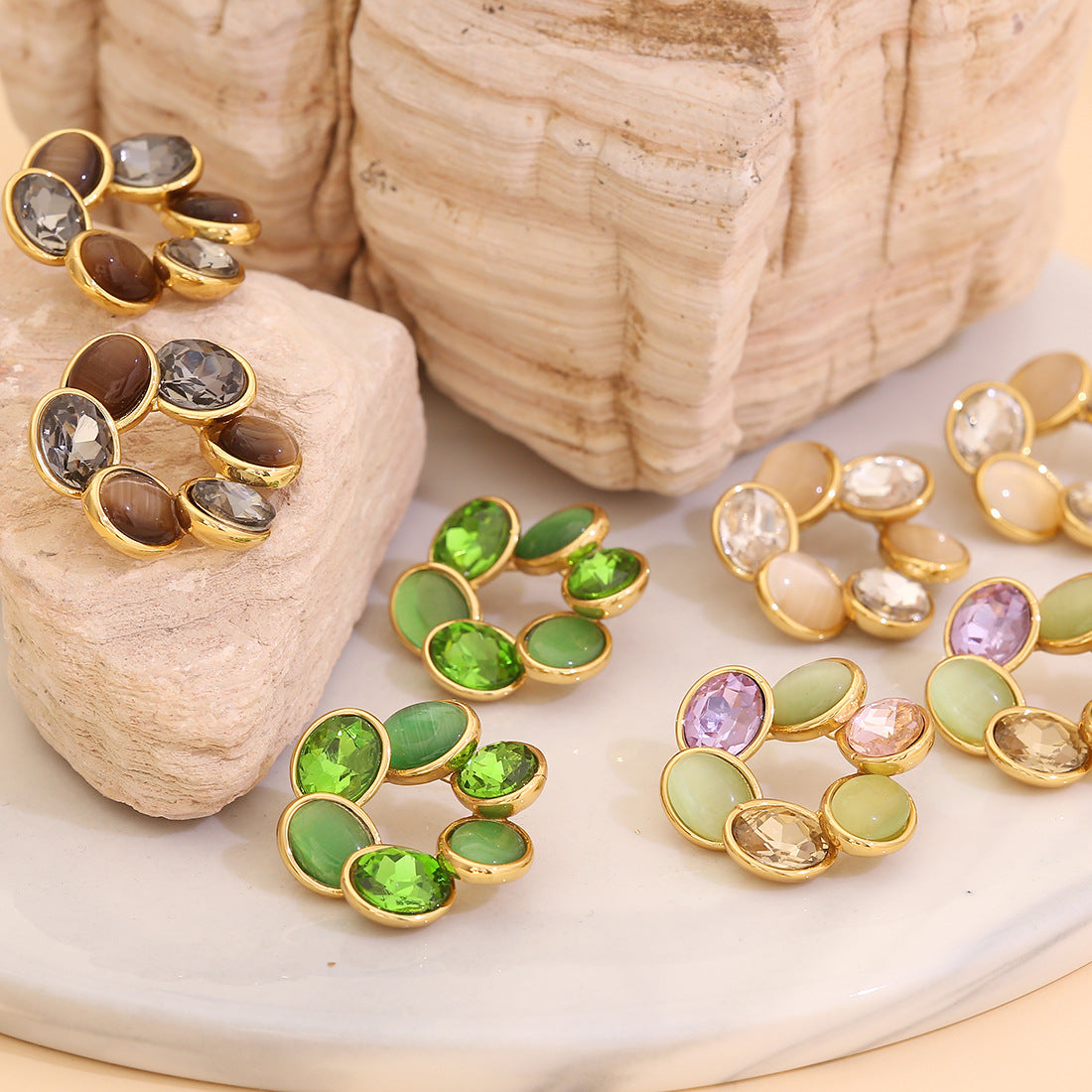 Vintage Geometric Round Cat's Eye Stud Earrings in Stainless Steel with Plating Finish