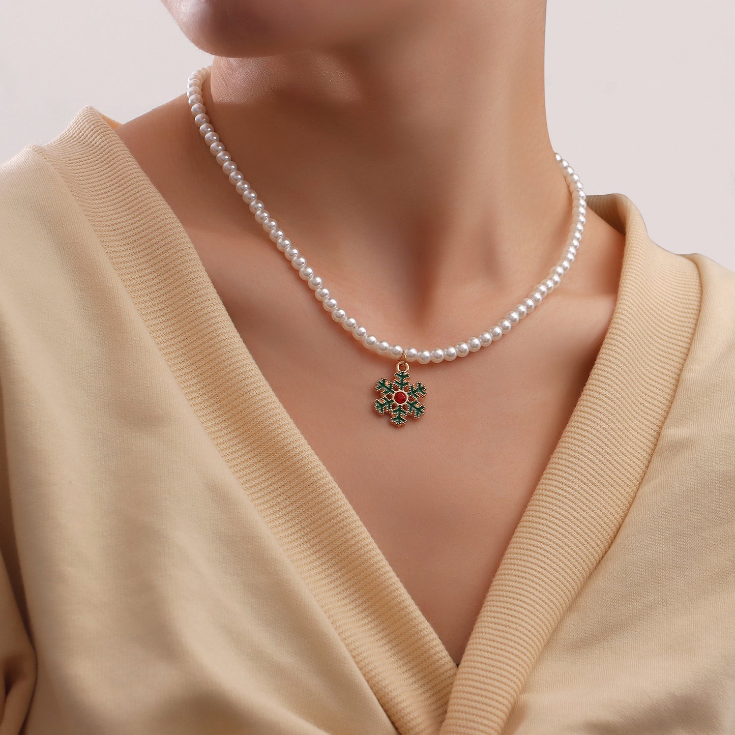 Minimalist Geometric Snowflake Pendant Necklace with Enamel Finish and Pearl Chain for Women
