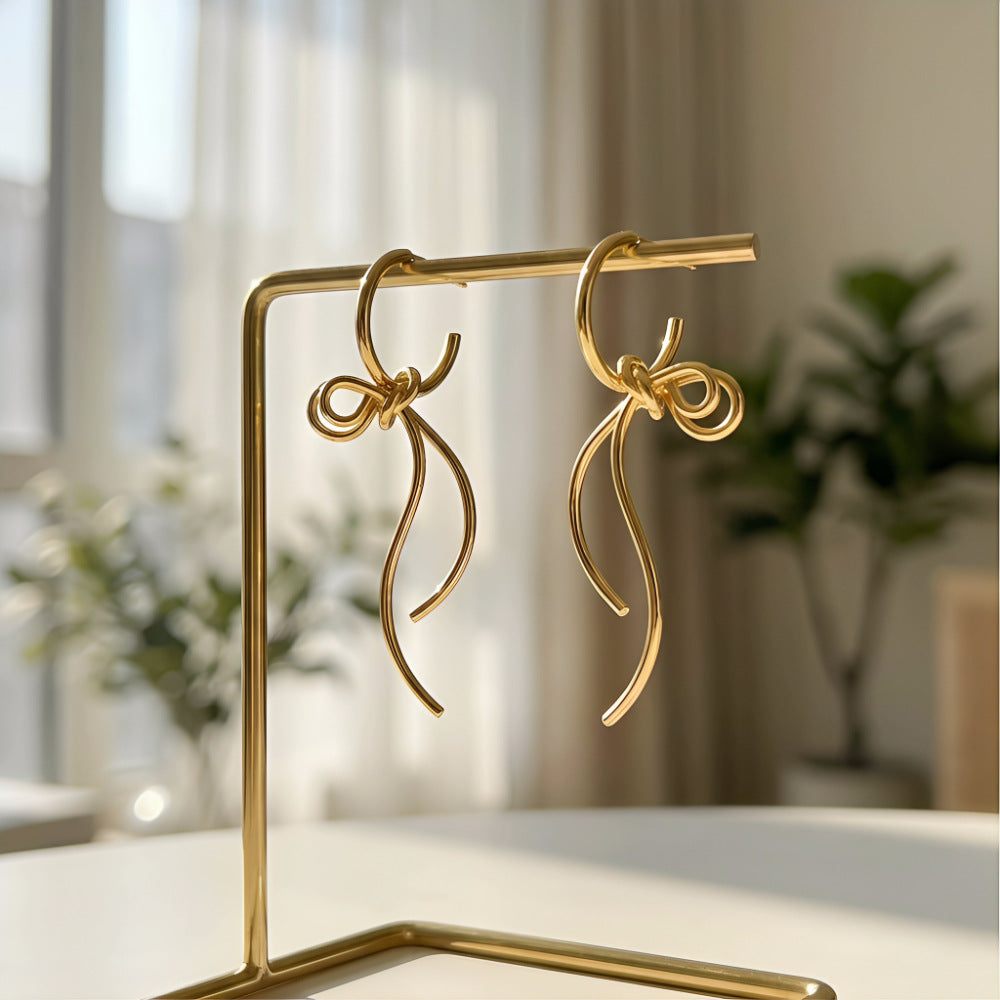 Geometric Bow Knot Gold Plated Brass Earrings for Women