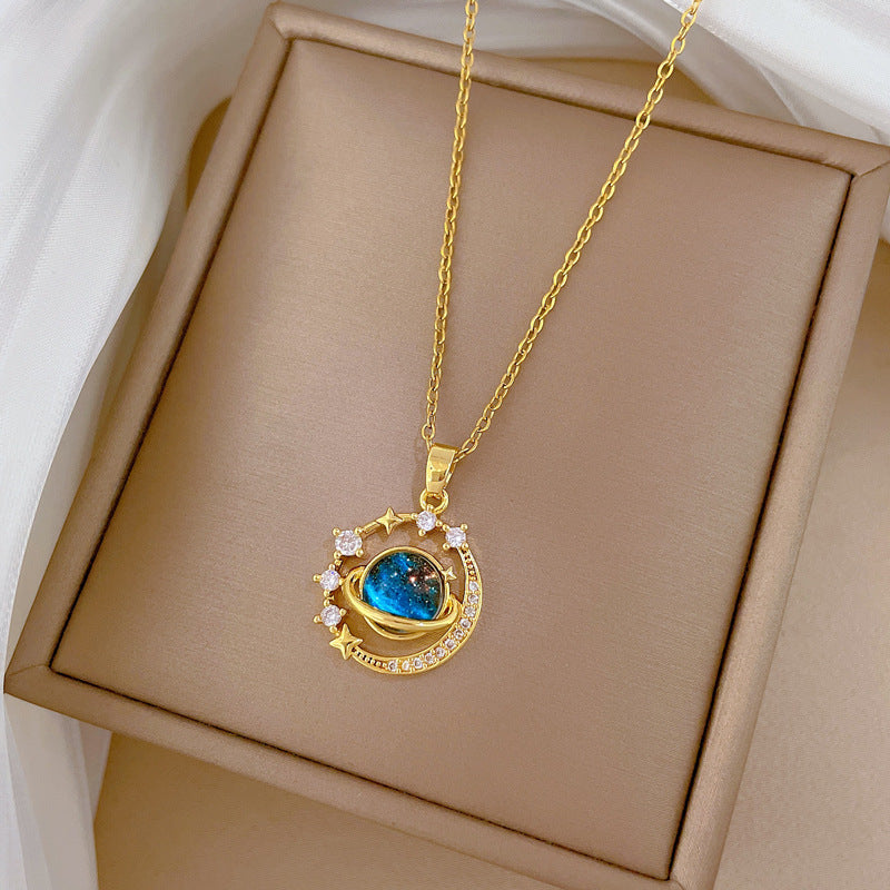 Collana Pendente Geometrica Luna e Stella Stile Cartone Animato per Donne, Catena Sottile in Acciaio Inossidabile con Strass Completi