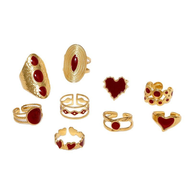 Vintage French-Style Geometric Stainless Steel Adjustable Open Ring for Women with Polished Finish and Heart-Eye Motif