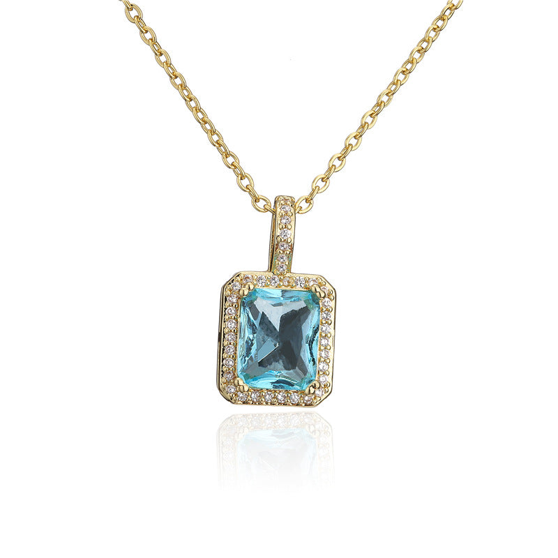 Minimalist Geometric Square Cubic Zirconia Inlay Brass Necklace with Cable Chain for Women