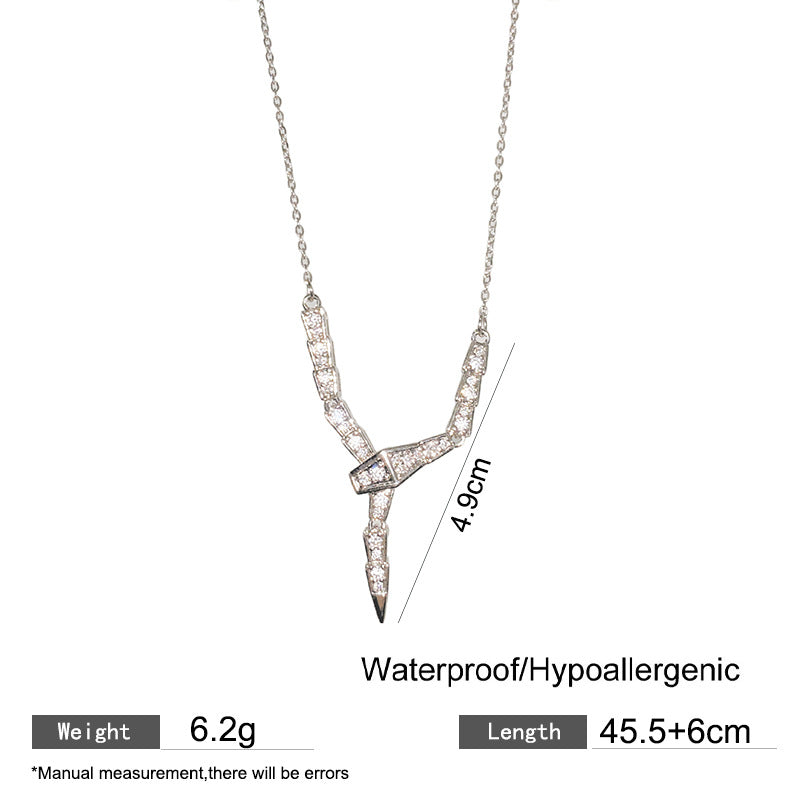 Vintage Minimalist Geometric Titanium Steel Plated Snake Chain Necklace with Cubic Zirconia