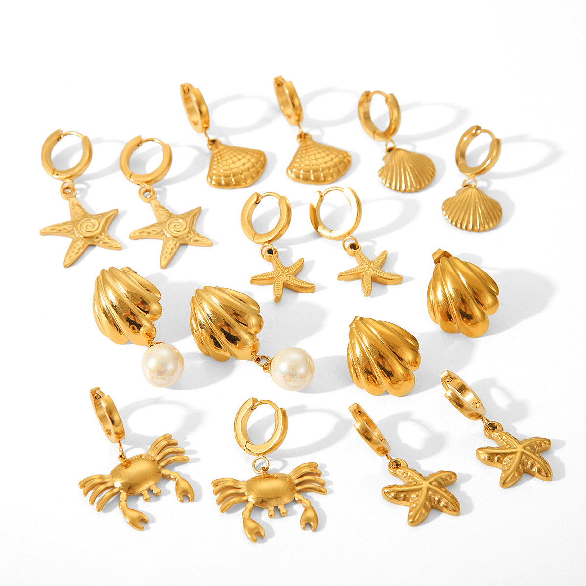 INS Style Crab and Starfish Shell-Shaped Earrings for Women in Titanium Steel with 18K Gold Plating