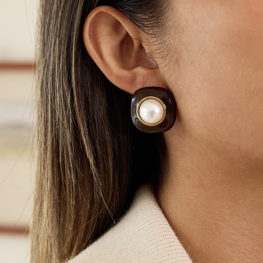Pendientes de Tachuela de Perlas Esmaltadas de Acero Inoxidable con Diseño Geométrico Minimalista para Mujer