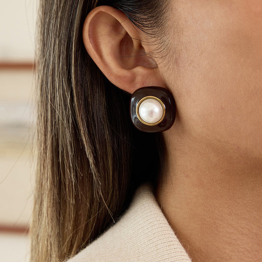 Pendientes de Tachuela de Perlas Esmaltadas de Acero Inoxidable con Diseño Geométrico Minimalista para Mujer