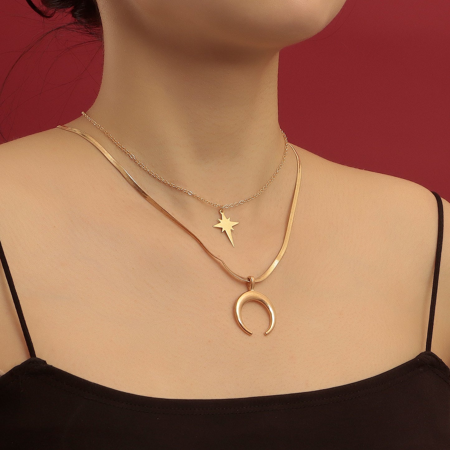 Fashionable Geometric Moon and Cross Pendant Necklace for Women with Triple-Layer Flat Snake Chain and Electroplated Alloy Finish