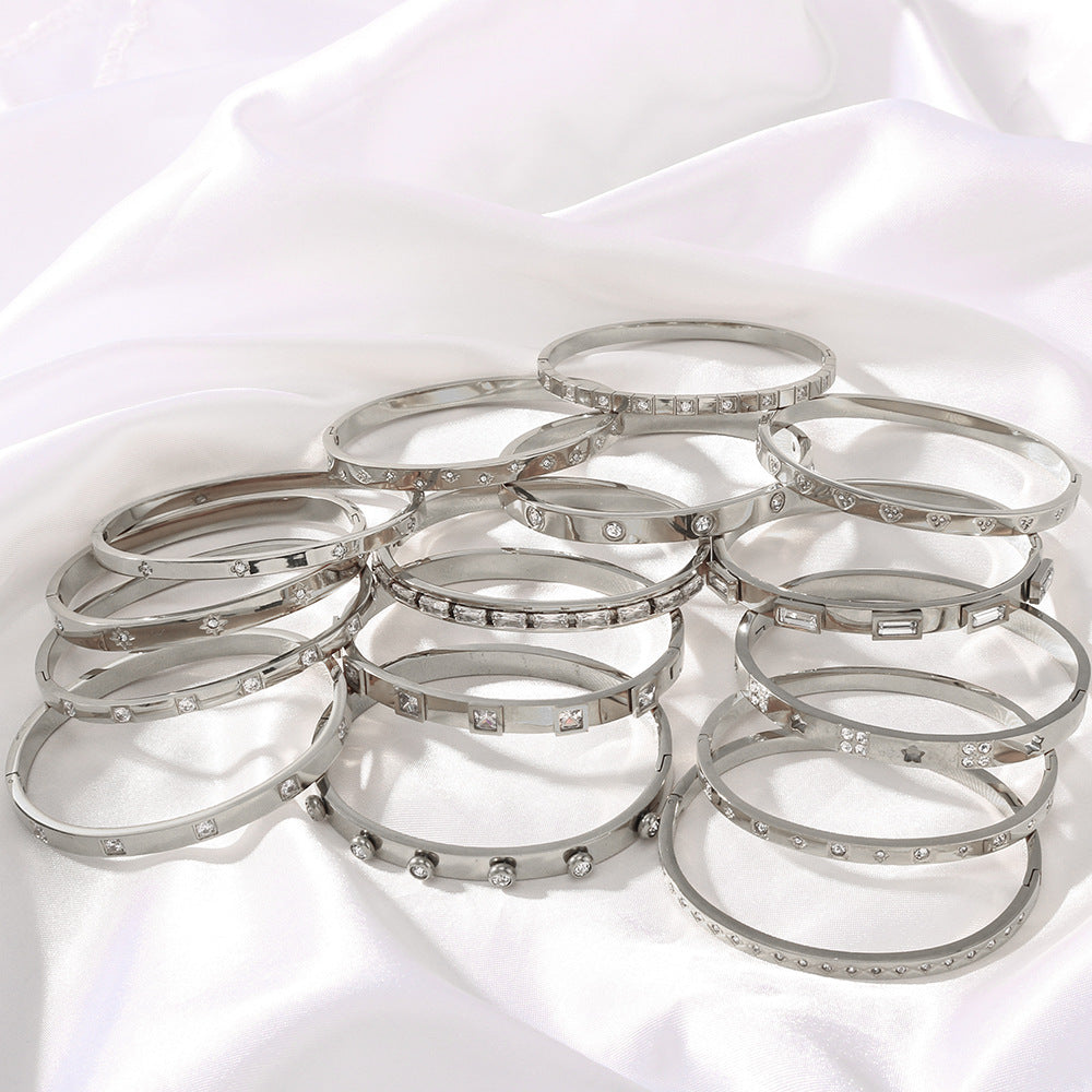 Vintage French-Inspired Geometric Cuff Bracelet in Stainless Steel with 18K Gold Plating and Zircon Inlays Waterproof Hypoallergenic