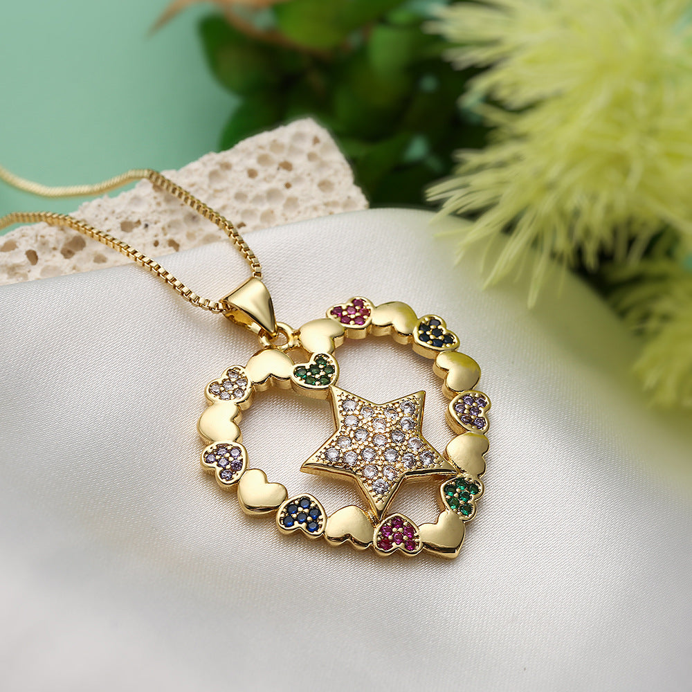 Collana da Donna Minimalista con Ciondolo a Stella a Cinque Punte e Cuore in Rame Placcato Oro Vero con Intarsi in Zirconi