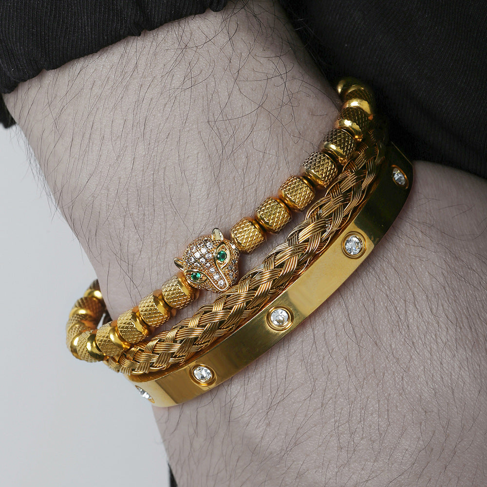 Vintage Geometric Leopard Head Micro-inlaid Cubic Zirconia Woven Stainless Steel Bracelet Set