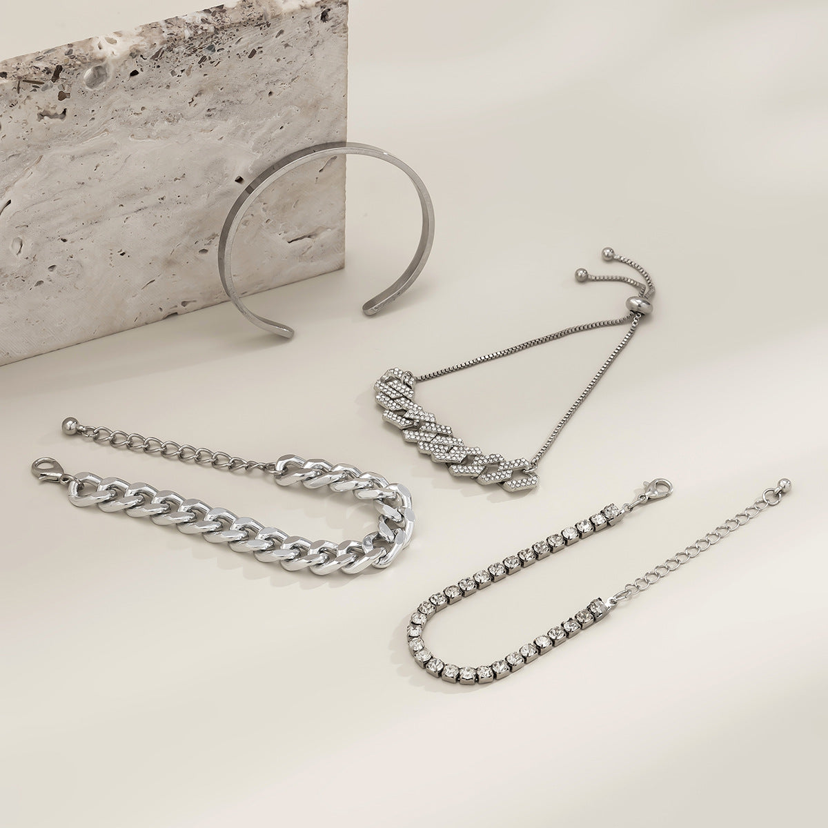 Minimalist Geometric Alloy Bracelet with Cubic Zirconia Inlay and Adjustable Cuban Link Chain for Women
