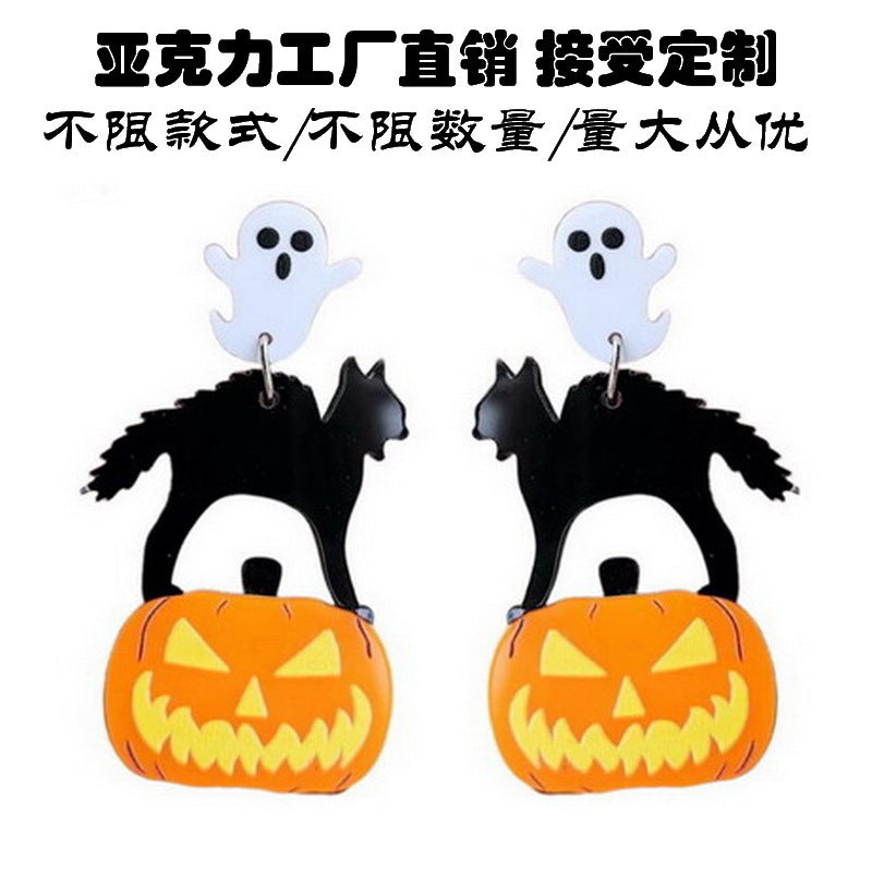 Orecchini a perno in acrilico unisex a forma di fantasma, zucca e pipistrello di Halloween, con design a cartone animato e stampa avocado