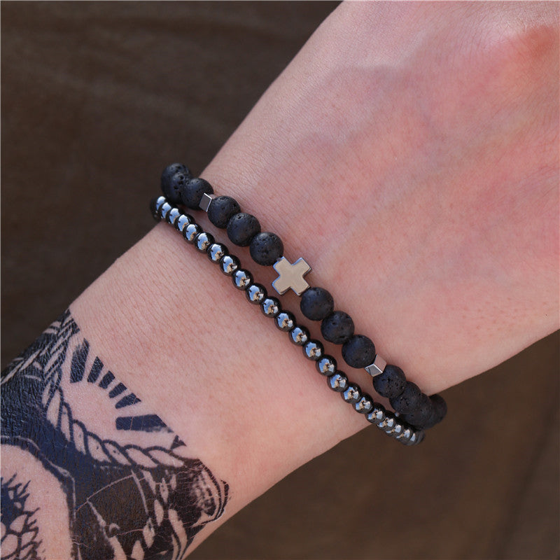Punk Micro-pavé Cubic Zirconia Skull and Volcanic Stone Bead Bracelet for Unisex
