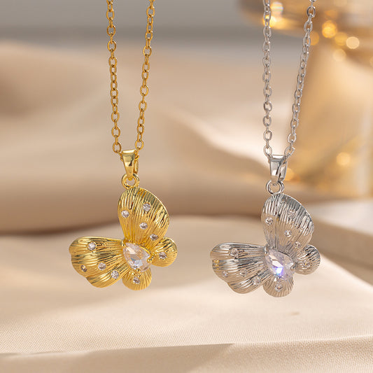 Minimalist Butterfly Pendant Necklace for Women in Brushed Titanium Steel with Rhinestone Inlay and Plated Finish