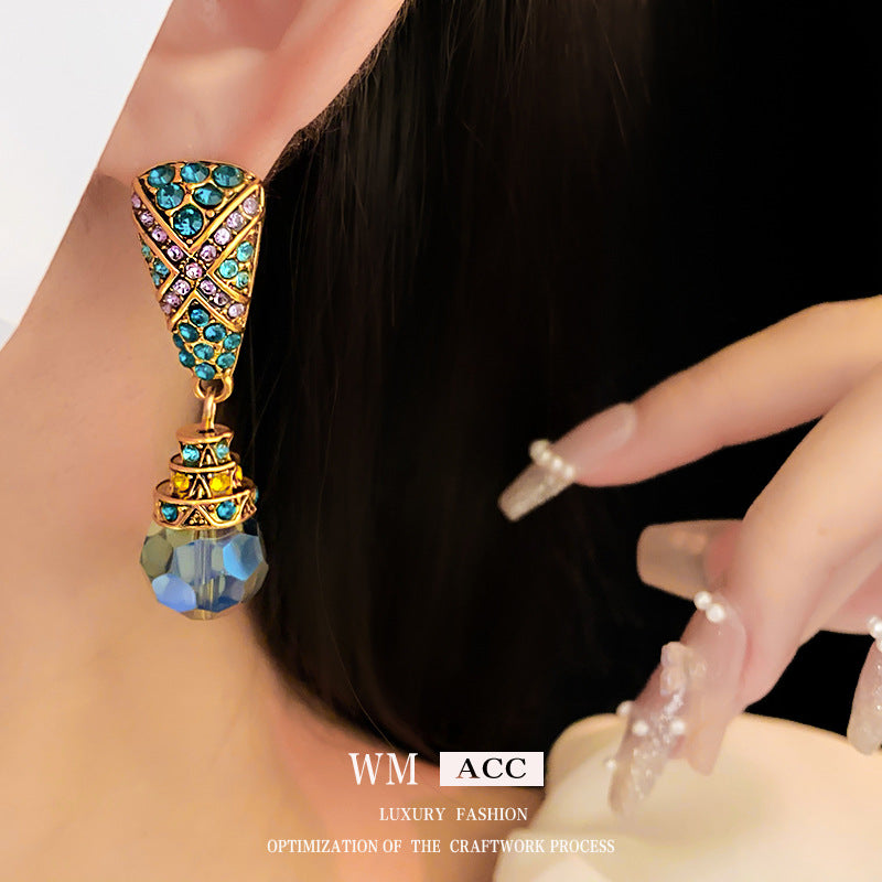 Vintage Geometric Blue Teardrop Earrings with Rhinestone Inlay in Alloy Base and Silver-Plated Steel Posts for Women