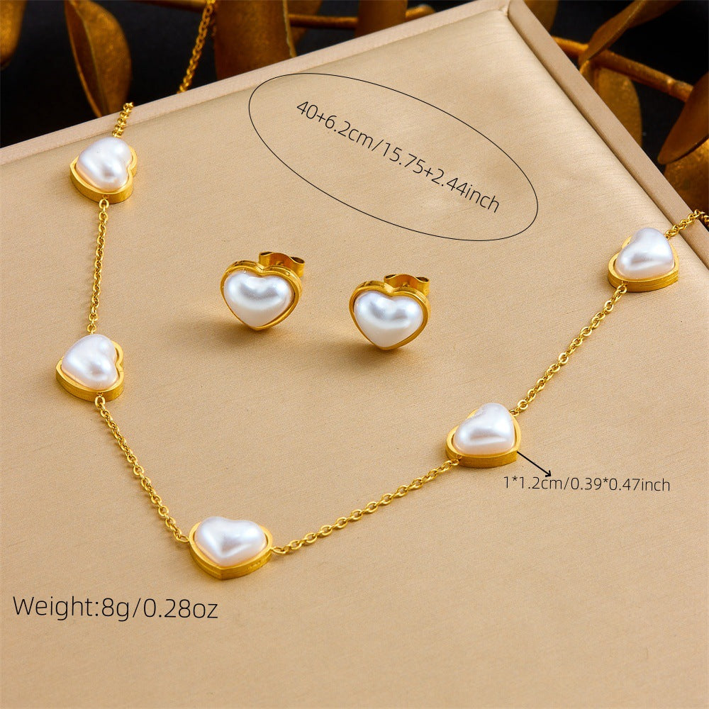Minimalist Vintage Gold Plated Stainless Steel Heart Teardrop Pearl Jewelry Set with Cable Chain