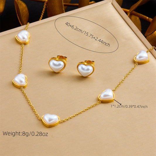 Minimalist Vintage Gold Plated Stainless Steel Heart Teardrop Pearl Jewelry Set with Cable Chain