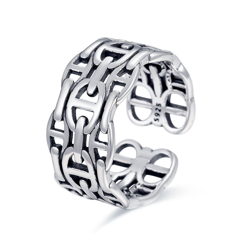 Anillo abierto geométrico ovalado pulido de plata de ley 925 vintage para mujer