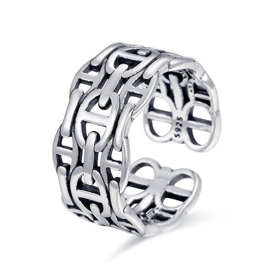 Anillo abierto geométrico ovalado pulido de plata de ley 925 vintage para mujer