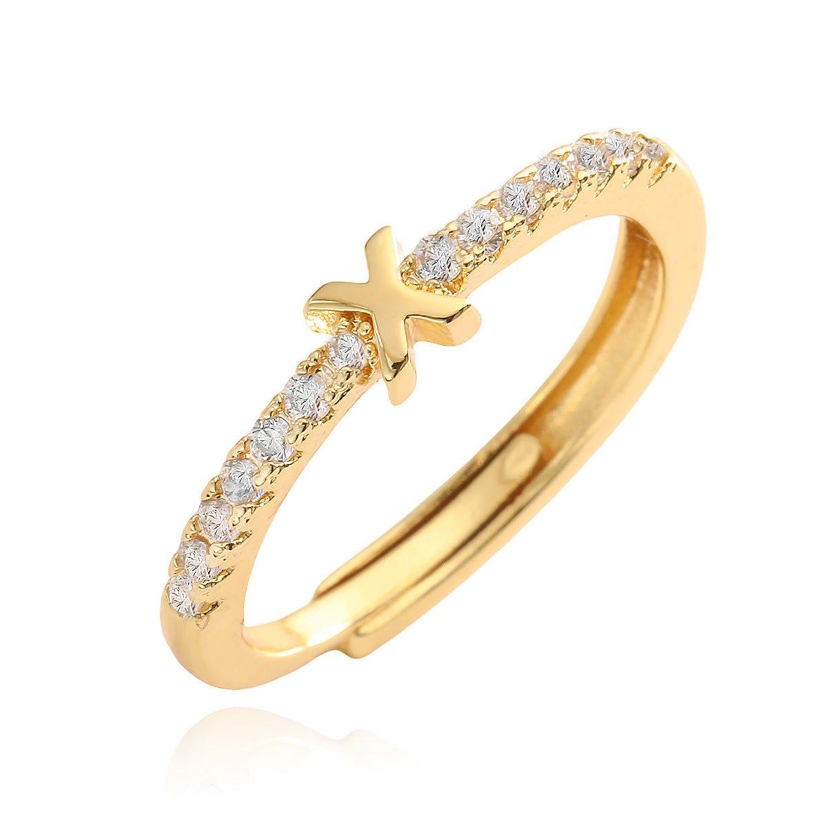 Anello in Rame Geometria Minimalista con Placcatura in Oro 18K e Zirconia Cubica, Design Regolabile a Lettera per Donna
