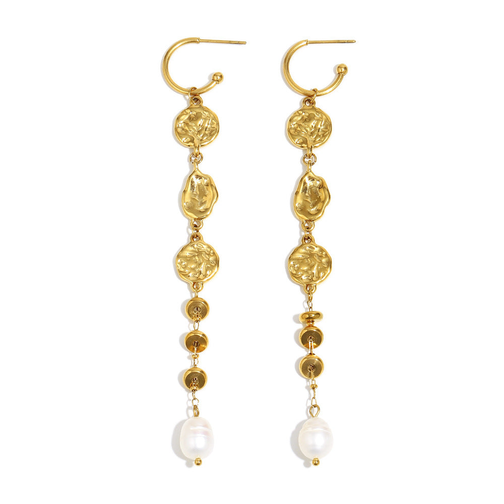 Minimalist Geometric Stainless Steel Earrings with 18K Gold Plating, Hammered Texture, Long Tassel Design, and Pearl Accents for Women