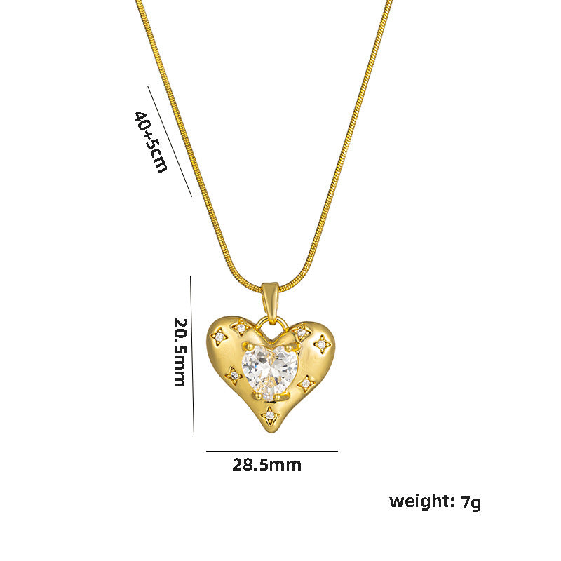 Fashionable Heart-Shaped Titanium Steel Pendant Necklace with Micro-Paved Zirconia on Snake Chain for Women
