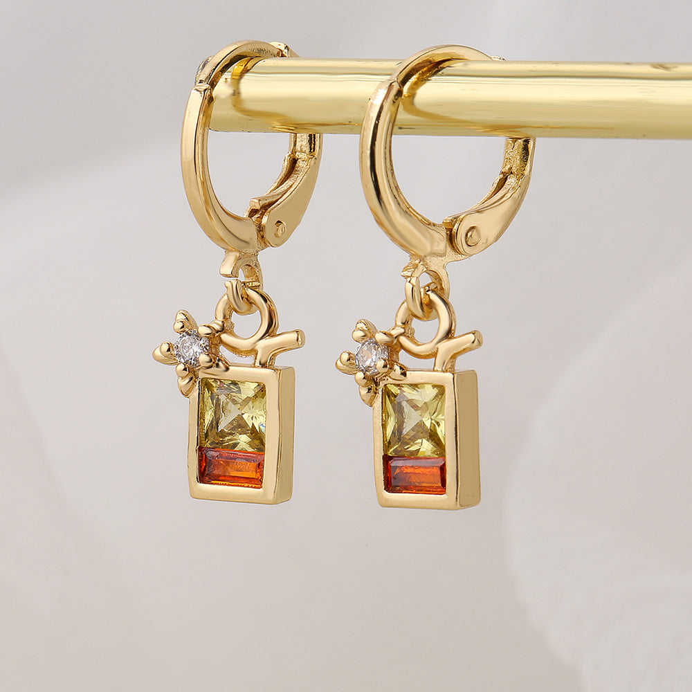 Minimalist Geometric Copper Earrings with 18K Gold Plating and Zircon Inlay for Women