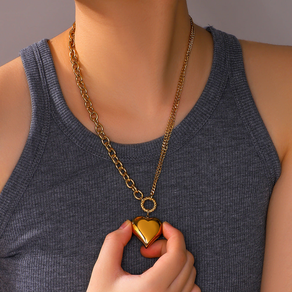 Retro Heart-Shaped Stainless Steel Necklace with 18K Gold Plating for Women, Minimalist Geometric Pendant Jewelry