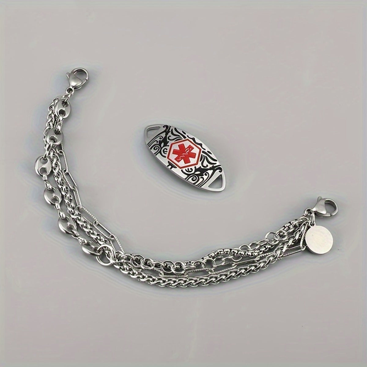 Polished Stainless Steel Geometric Medical ID Charm Bar Bracelet Unisex DIY