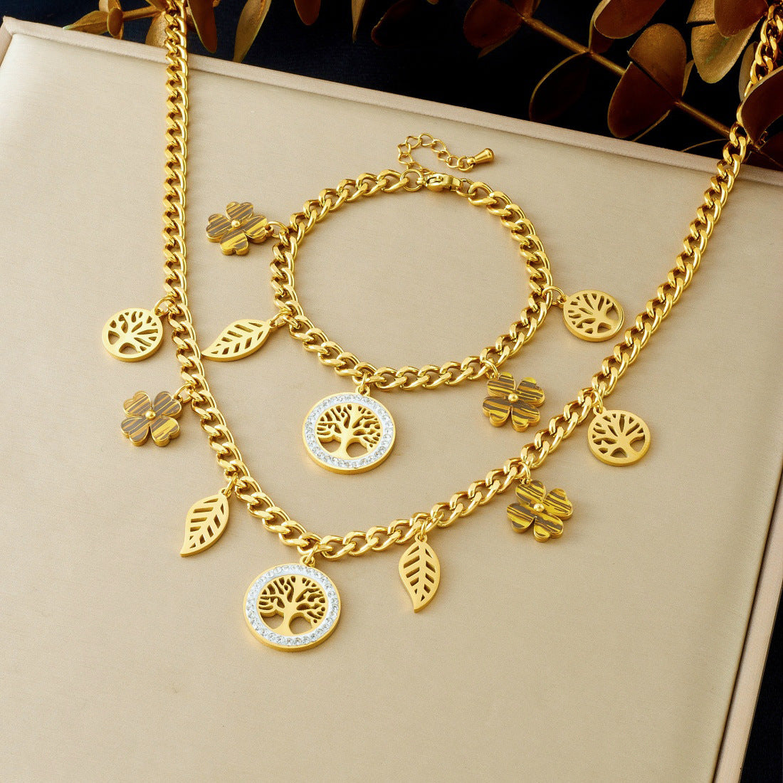 Elegant Gold Plated Rhinestone Round Tree Leaf Hollow Pendant Serpentine Chain Stainless Steel Jewelry Set for Women