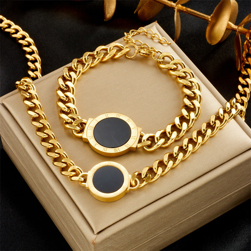 Set collana e bracciale da donna placcati in acciaio titanio con ciondolo tondo romano, stile vintage alla moda