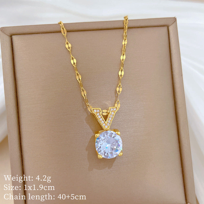 Sweet Minimalist Geometric V-Shape Cubic Zirconia Titanium Steel Necklace for Unisex