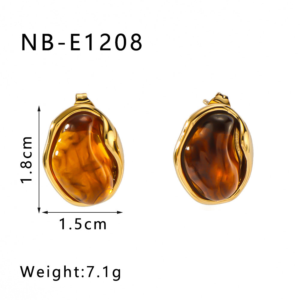 Minimalist Asymmetrical Round Resin Stud Earrings in Stainless Steel with 18K Gold Plating for Women
