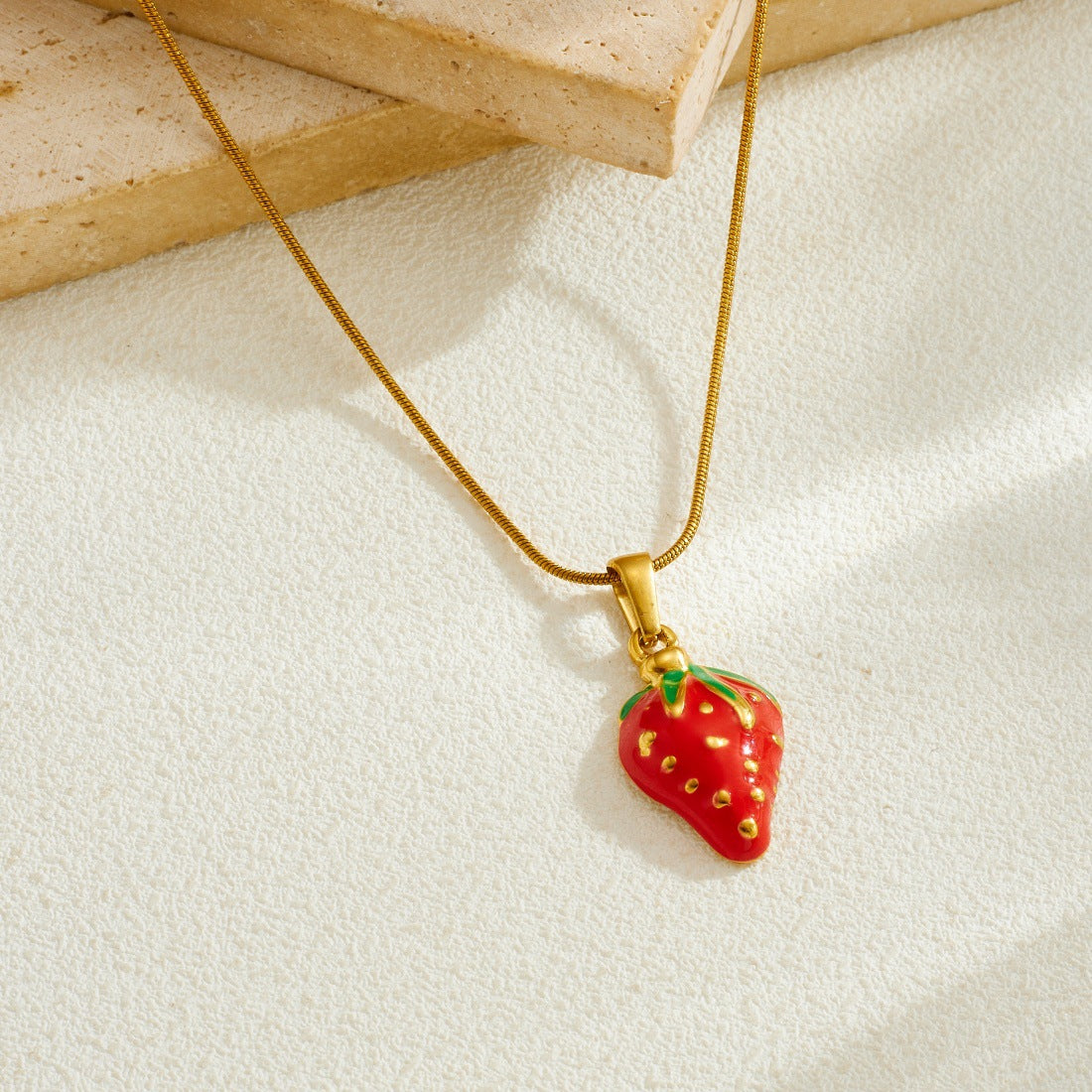 Sweet Drip Oil Stainless Steel Strawberry Pendant Necklace and Earring Set with Snake Chain