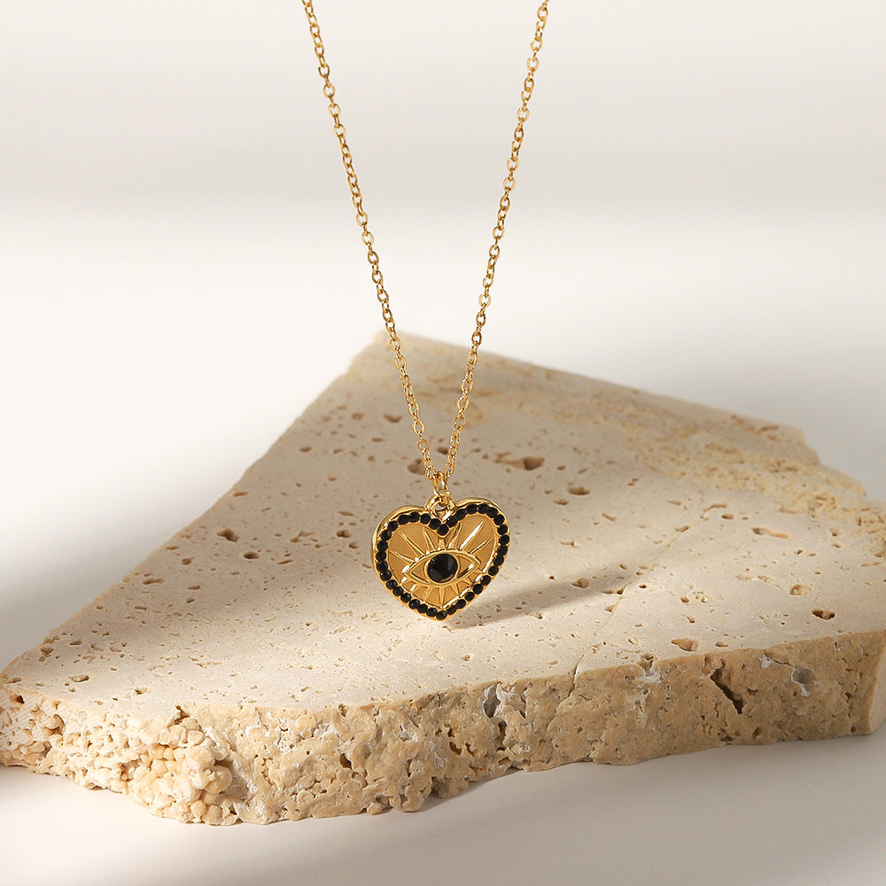 INS Style Heart Shaped Stainless Steel Pendant Necklace with 18K Gold Plating and Zircon Inlay for Women