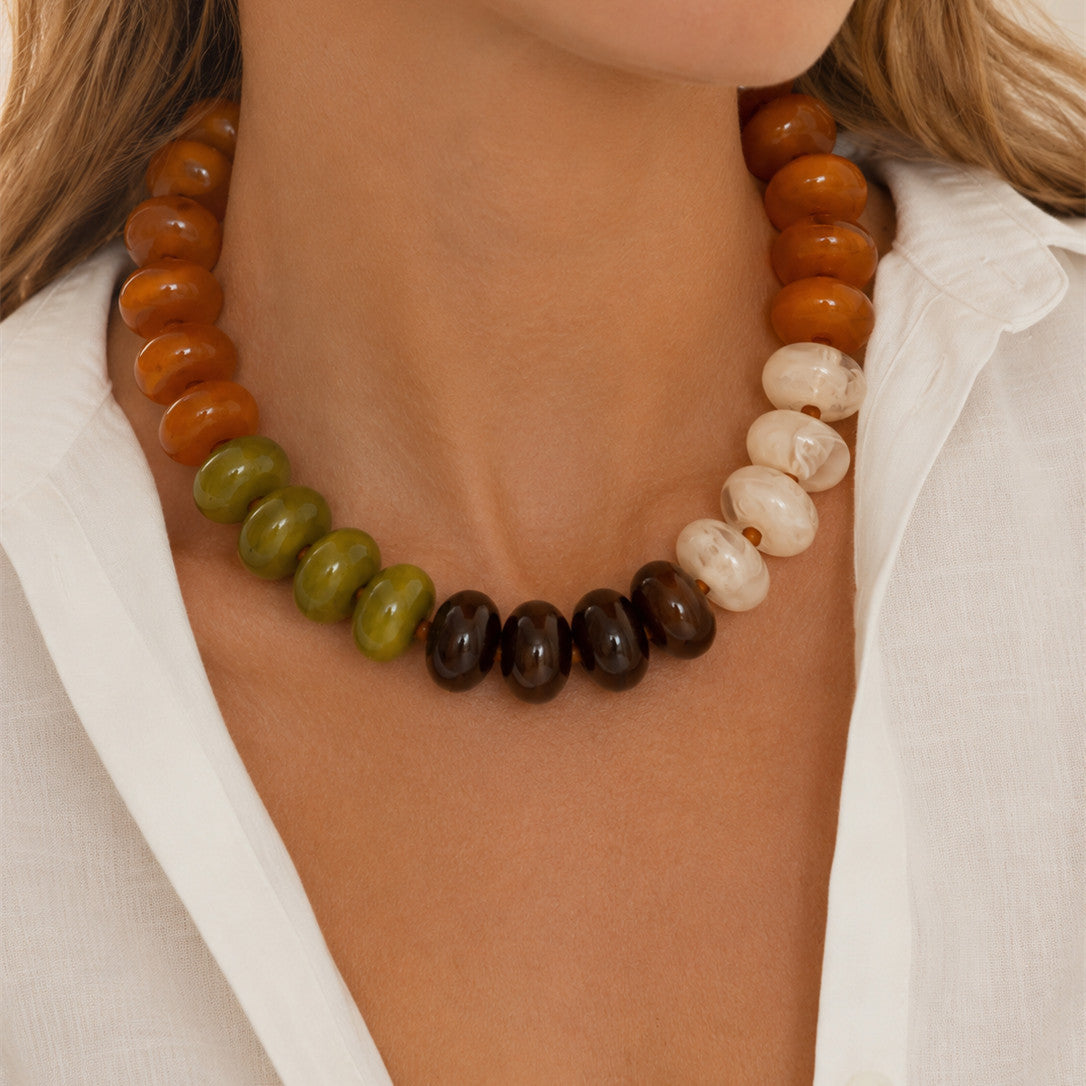Bohemian Vintage Geometric Gradient Resin Beaded Necklace for Women