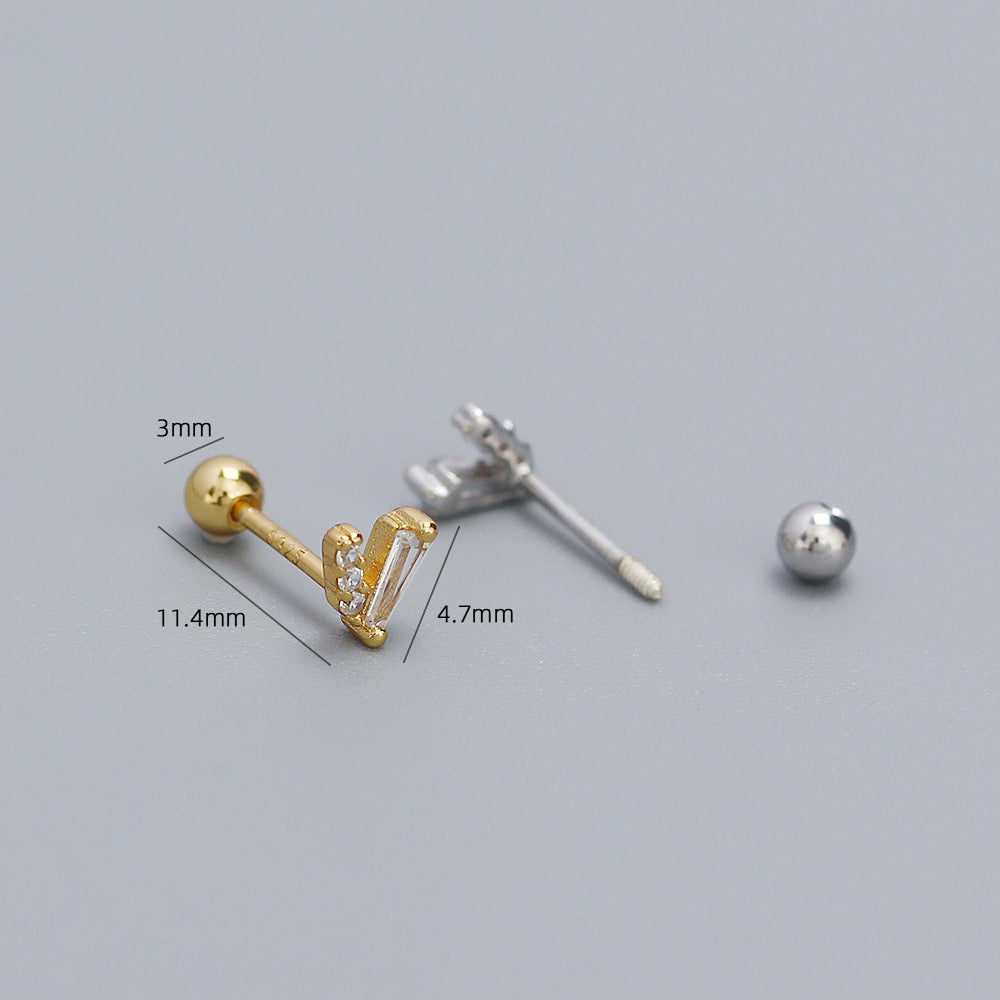 925 Sterling Silver Geometric V-Shaped Plated Cubic Zirconia Screw Back Cartilage Earring