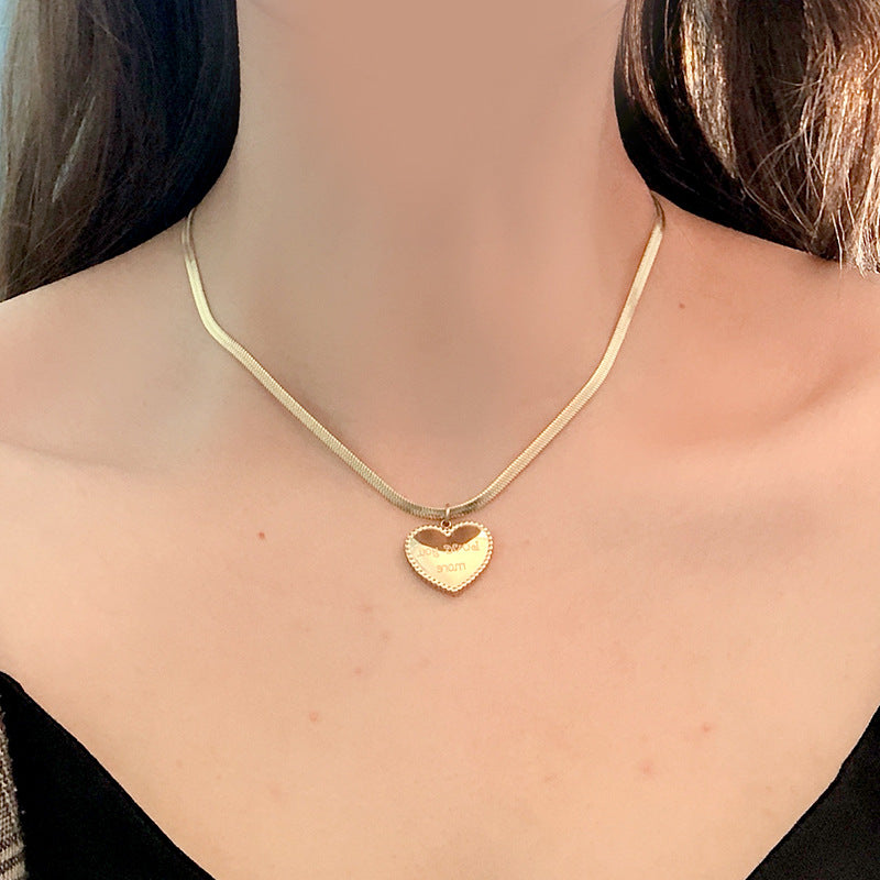 Minimalist Love Heart Pendant Necklace for Women in Titanium Steel with Gold Plating on Snake Chain