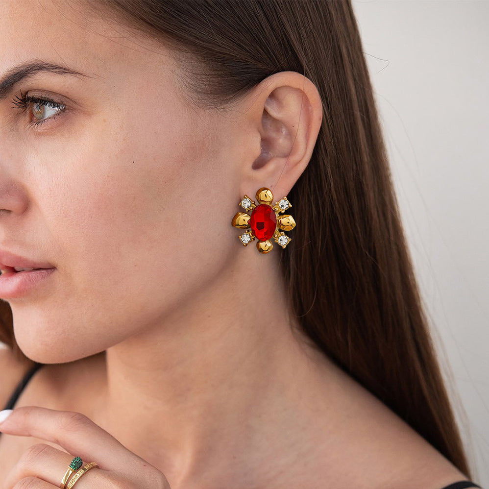 Orecchini a perno rotondi da donna in acciaio inossidabile placcato oro 18 carati con zirconi geometrici di moda