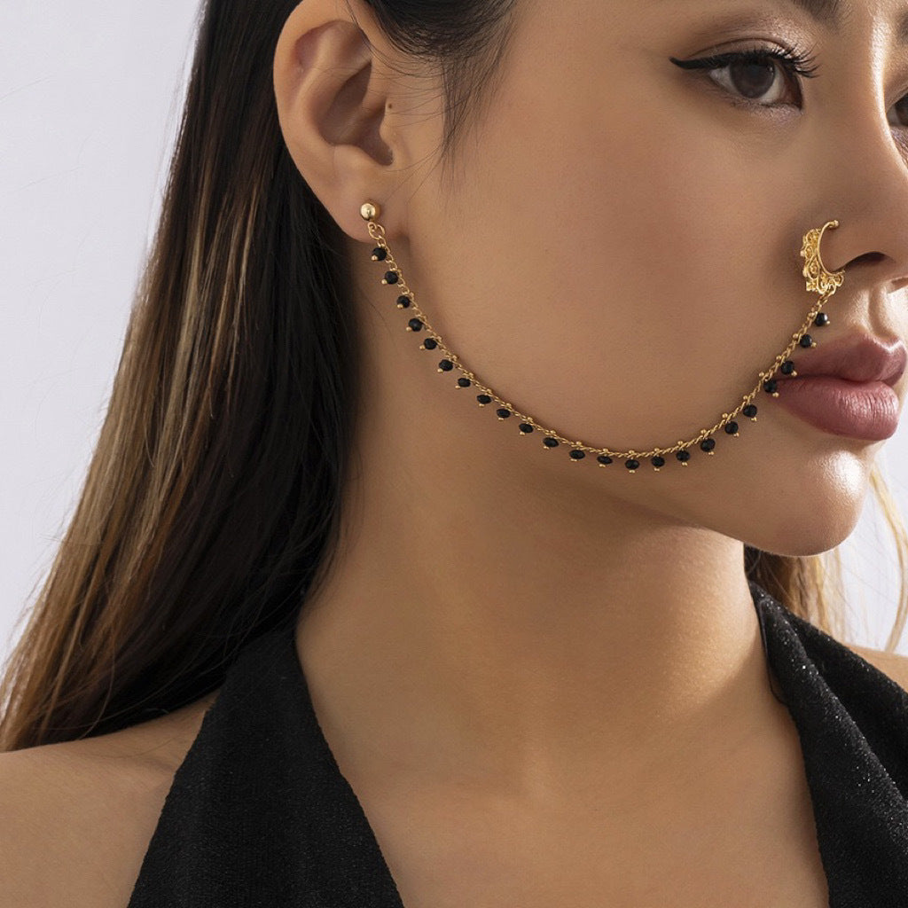 Sweet Minimalist Ethnic Geometric Crystal Plated Alloy Nose Ring with Tassel