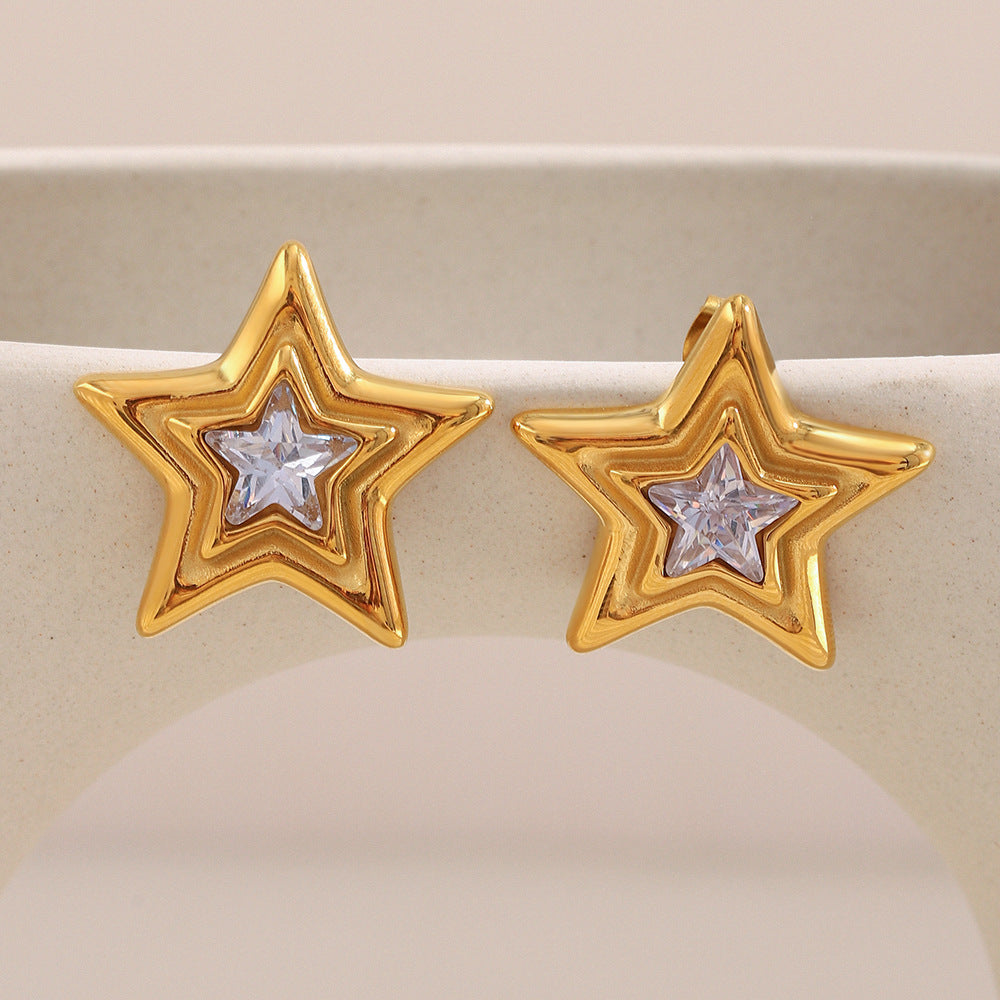 Minimalist Star-Shaped Stainless Steel Earrings with 18K Gold Plating and Cubic Zirconia Accents for Women